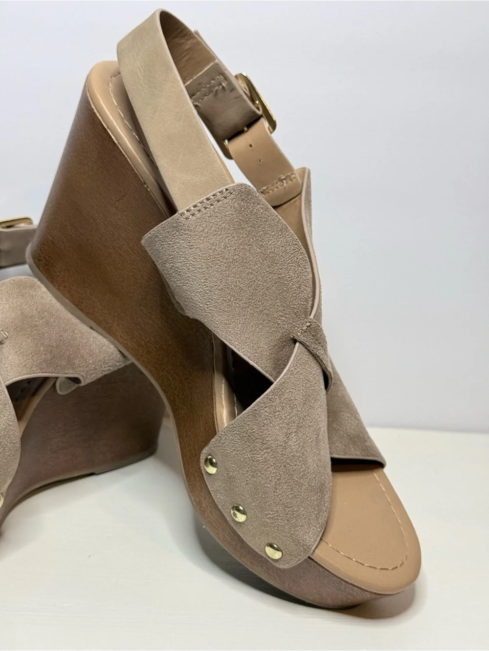Cityclassified Boho Taupe Suede Knotted Wedge Buckle Slingback Sandals Size 9